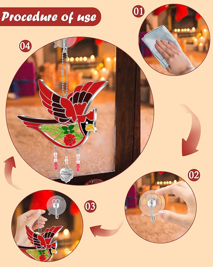 KY&BOSAM Happy Mother`s Day Cardinal Suncatcher Hand-Painted Garden Ornament Hanging Wind Chime with Pressed Flower Cardinal Embedded in Glass Gift for Mom Grandma Mother`s Day Gifts-VerdiqueGarden