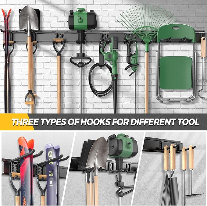 LBT 66" Garage Tool Organizer Wall Mount - 720lbs Garden Tool Organizer with Adjustable Hooks, Heavy Duty Metal Garage Storage Rack, Anti-Rust Shed Rack Holder Hanging Rake Broom Mower Snowboard-VerdiqueGarden