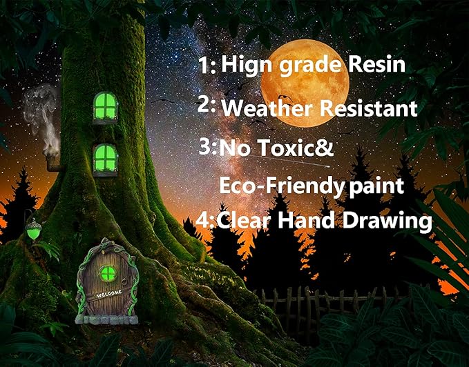 Resin Miniature Fairy Gnome Home Windows and Welcome Door with Fairy Lantern,Glow in Dark Art Sculpture for Trees Outdoor Indoor Garden Yard Wall Decorations-VerdiqueGarden