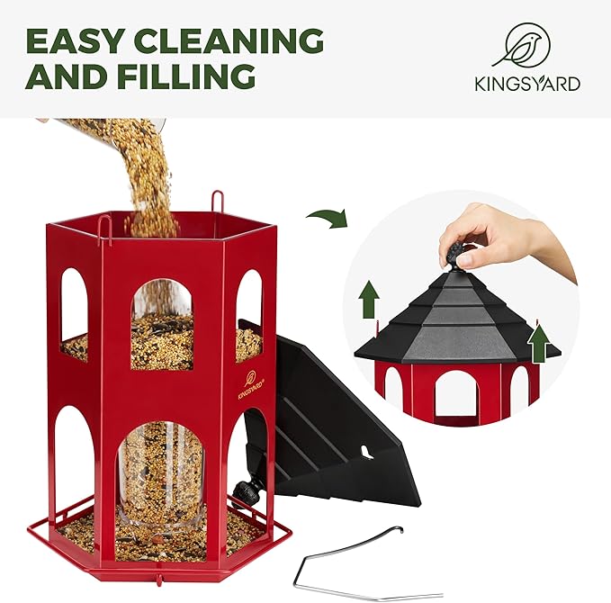 Kingsyard Metal Bird Feeder for Outdoor Hanging, Wild Bird Feeders with Circular Perch, Easy to Clean & Refill, 4 lbs Large Seed Capacity, Red-VerdiqueGarden