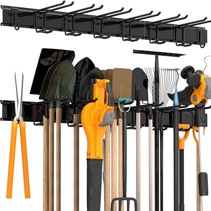 Storaboks Heavy Duty Garage Storage Rack System, Wall Mounted Tool Organizer with 8 Double Hooks, 3 Rails, Garden Yard Tools Hanger for Ski Gears, Broom, Rake, Shovel-VerdiqueGarden