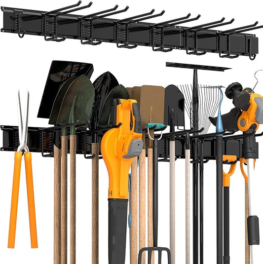 Storaboks Heavy Duty Garage Storage Rack System, Wall Mounted Tool Organizer with 8 Double Hooks, 3 Rails, Garden Yard Tools Hanger for Ski Gears, Broom, Rake, Shovel-VerdiqueGarden