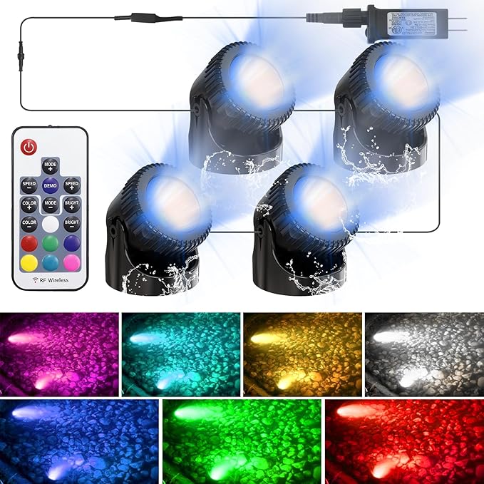 RGB Underwater Pond Lights, 20 Colors Dimmable Fountain Lights with Timer, IP68 Waterproof Underwater Submersible Led Lights with Remote Control for Outdoor Ponds Aquarium Garden Pool (Set of 4)-VerdiqueGarden