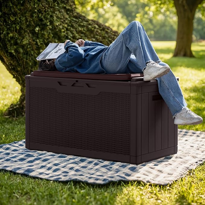 Greesum 100 Gallon Resin Deck Box Large Outdoor Storage with Cushions for Patio Furniture, Garden Tools, Pool Supplies, Weatherproof and UV Resistant, Lockable, Dark Brown-VerdiqueGarden
