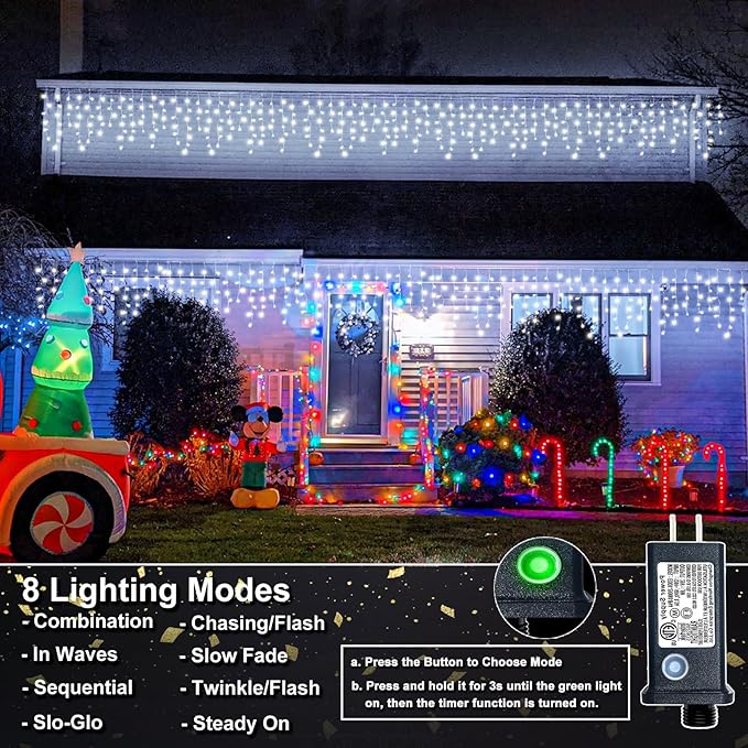 Icicle Lights for Outside, 33FT 400 LED Icicle Christmas Lights with 8 Modes 75 Drops, Waterproof Plug in Curtain String Lights for Outdoor Indoor House Yard Roof Wedding Decorations, White-VerdiqueGarden