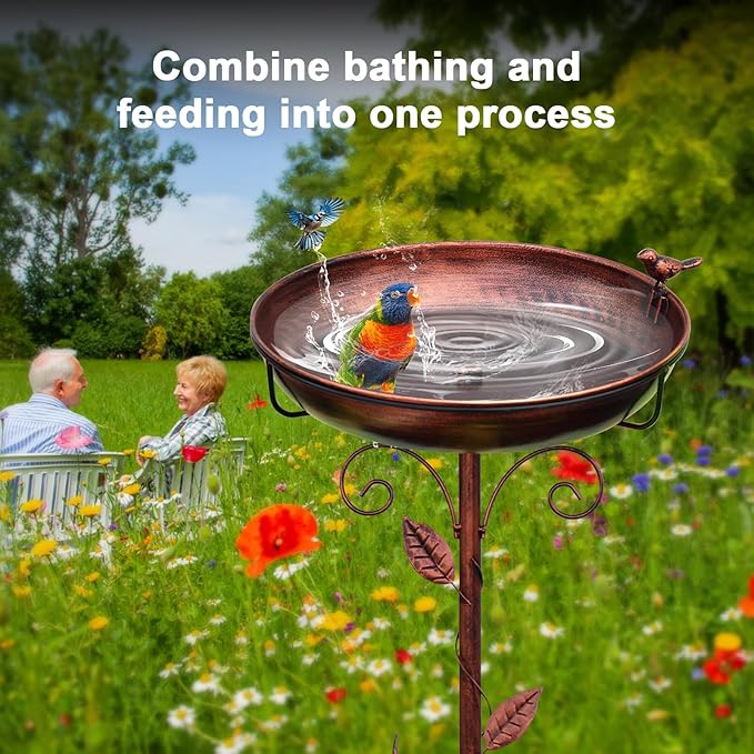 Metal Bird Bath for Outside with 2 Bird Decor, Hummingbird on Pole & Sparrow on Bowl, 38.5 Inch Height Garden Birdbath, 12 Inch Antique Bronze Freestanding Birdfeeder Bath for Yard Patio-VerdiqueGarden