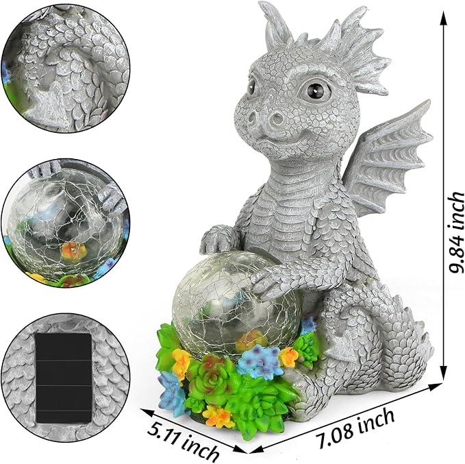 Solar Garden Outdoor Statues Dragon Holding Magic Orb with Solar LED Lights - Lawn Decor Outdoor Statue for Patio, Balcony, Yard Ornament,Unique Gifts for Mom Grandma-VerdiqueGarden