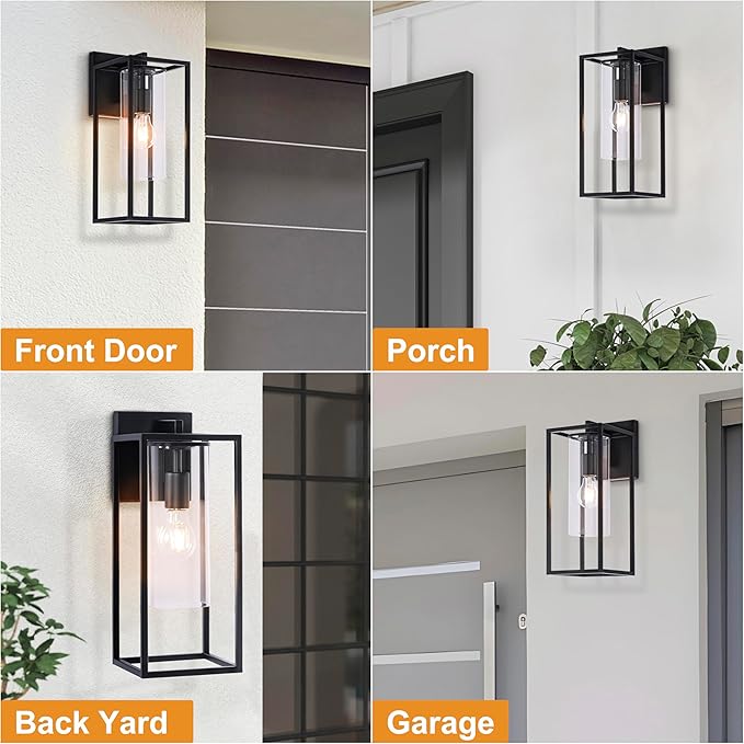 15.7 Inch Outdoor Wall Lights, Black Outdoor Wall Lantern with Square Clear Glass Shade, Waterproof Exterior Lighting Fixtures, Modern Front Porch Lighting for House, Garage, E26 Base, ETL Listed-VerdiqueGarden