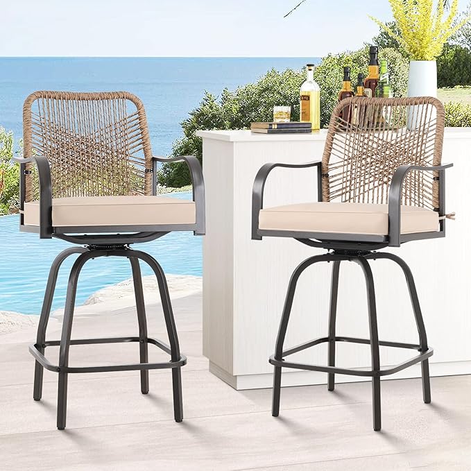 Outdoor Bar Stools Set of 2, Patio Swivel Counter Height Rattan Bar Stools, Patio Wicker Bar Swivel Chairs with Cushion, Outdoor Pool Bar Chairs for Backyard Garden Balcony w /360 Rotation-VerdiqueGarden