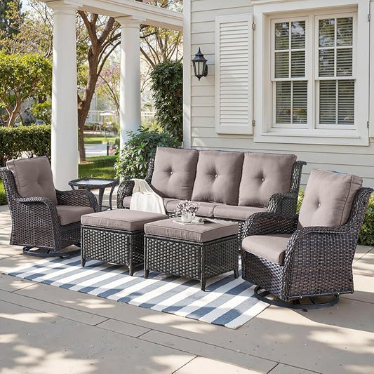 Outdoor Wicker Patio Furniture Set - 6 Piece Rattan Patio Conversation Set with 2 Rocking Swivel Chairs,2 Ottomans,1 Sofa and 1 Side Table for Porch Deck Backyard Garden(Brown/Grey)-VerdiqueGarden