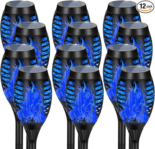 12 Pack Solar Torch Lights Outdoor Waterproof - Blue Flickering Flame, Outdoor Solar Garden Lights for Yard, Tiki Torches for Outside Patio Pathway Decorations-VerdiqueGarden