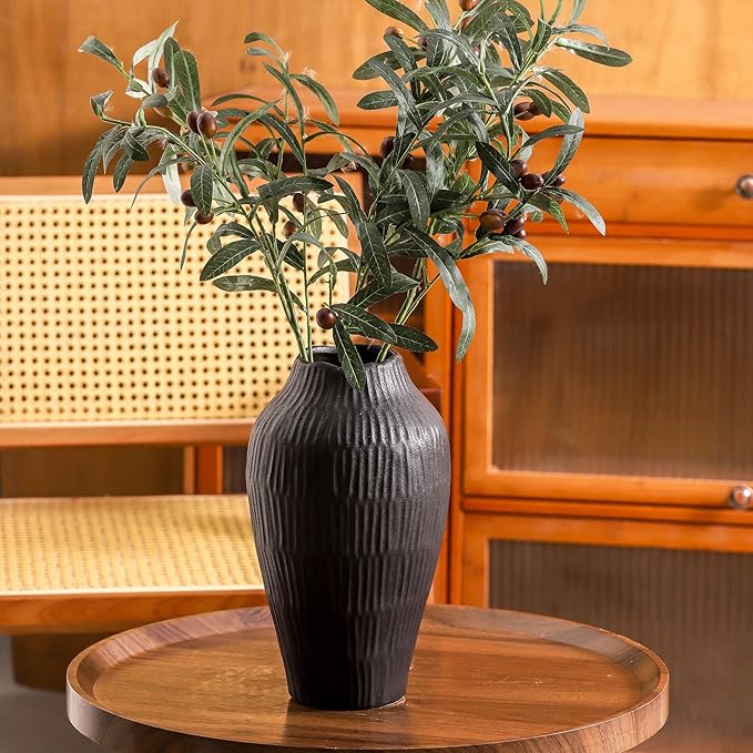 Elegant Black Ceramic Vase - Modern Minimalist Home Decor Vase, Centerpiece for Living Room, Dining Table, Office - 11.6 Inches Tall, Handcrafted Pottery for Farmhouse, Boho, Contemporary Style-VerdiqueGarden