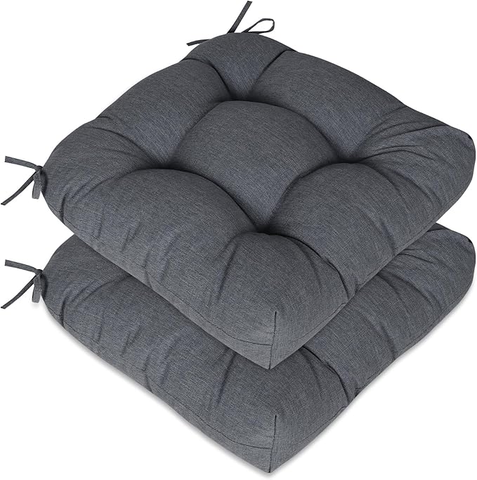 Aoodor 19" x 19" x 5" Tufted Outdoor Chair Cushions, Water Resistant & Fade Resistant Polyester Dining Chair Pads with 2 Straps for Patio Furniture, Set of 2-VerdiqueGarden