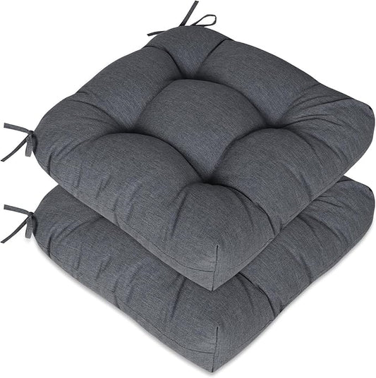 Aoodor 19" x 19" x 5" Tufted Outdoor Chair Cushions, Water Resistant & Fade Resistant Polyester Dining Chair Pads with 2 Straps for Patio Furniture, Set of 2-VerdiqueGarden