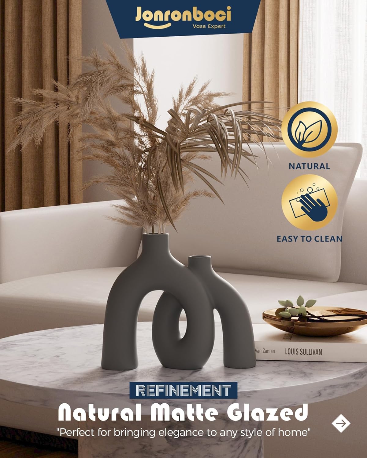 Hug Donut Decorative Vase Set - Dark Gray Modern Minimalism Industrial Style Vases Home Decor, Matte Ceramic Decorations for Living Room Shelf, Bookshelf Mantle Entryway Table or Console Décor(Gray)-VerdiqueGarden