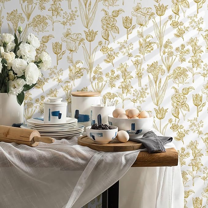 Dimoon 393"x17.3" Floral Wallpaper Peel and Stick Flowers Golden White Contact Paper Thicken Waterproof Modern Self Adhesive Plants Wallpaper Removable Wall Paper Shelf Vinyl Roll-VerdiqueGarden