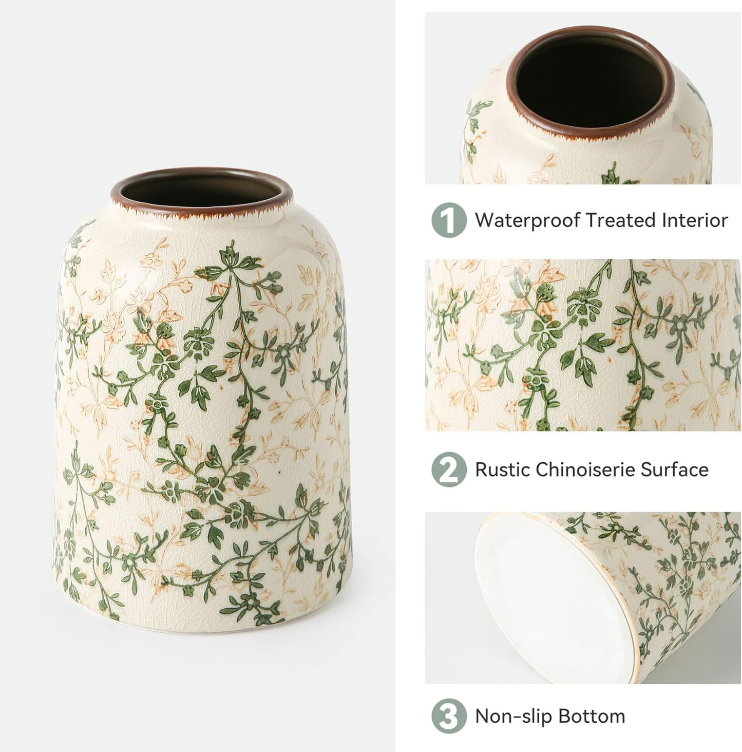 Green Vintage Vase, Chinoiserie Floral Vases, Retro Ice Cracked Ceramic Large Vases for Home Decors, Living Room, Bookshelf, Office, Grand Millennial Decor, Chinoiserie Decors, Tuscan Decor 7.8 Inch-VerdiqueGarden