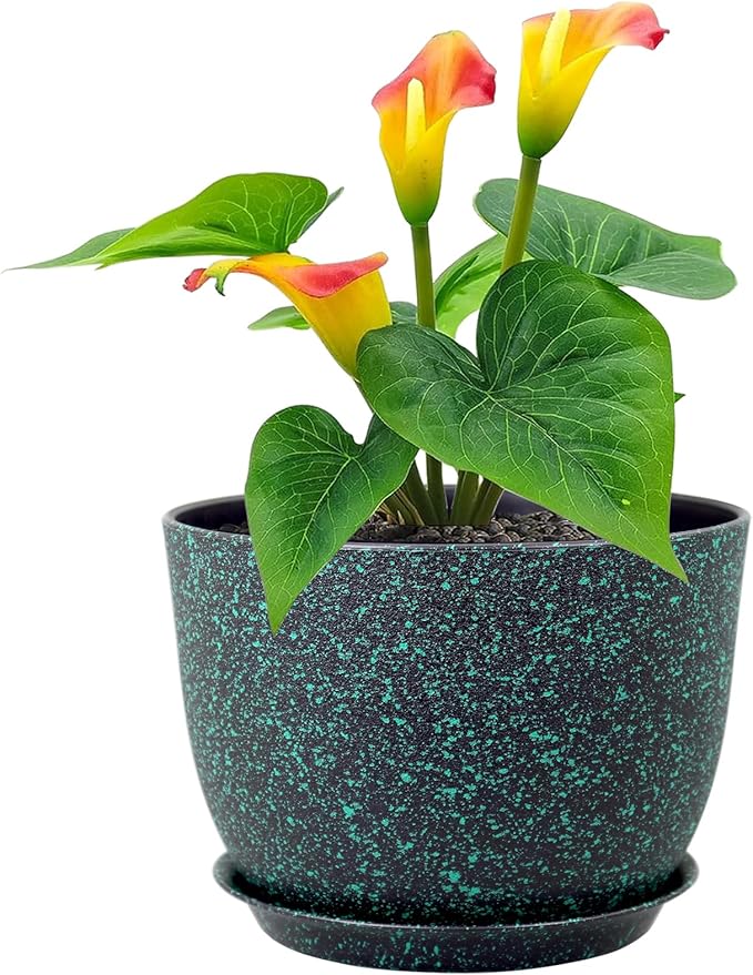 12 inch Large Plant Pots, Plastic Planters with Drainage Holes and Saucers, Flower Pots for Indoor Outdoor Plants, Decorative Pots for Garden House Plants, Black with Green Speckles-VerdiqueGarden