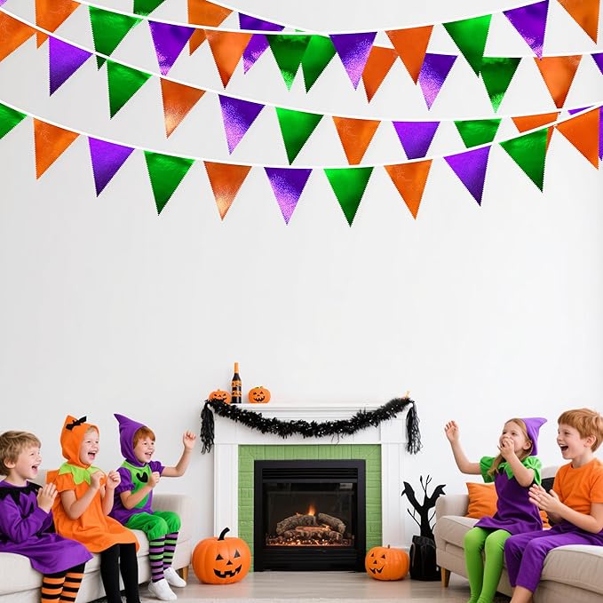 Halloween Party Decorations Metallic Fabric Green Orange Purple Triangle Pennant Banner Flag Bunting for Trick or Treat Spooky Hey Boo Happy Halloween Holiday Birthday Baby Shower Party Supplies-VerdiqueGarden