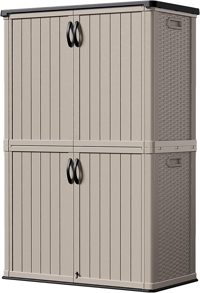Devoko Outdoor Storage Cabinet 50 Cu Ft with Lockable Doors, Vertical Storage Shed Waterproof Patio Tools Storage Box for Sofa Cushions, Gardening Tools and Accessories (Beige)-VerdiqueGarden