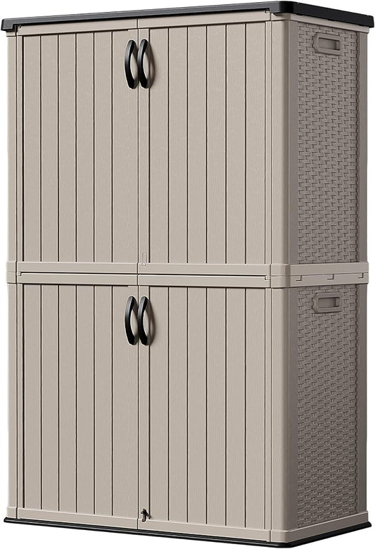 Devoko Outdoor Storage Cabinet 50 Cu Ft with Lockable Doors, Vertical Storage Shed Waterproof Patio Tools Storage Box for Sofa Cushions, Gardening Tools and Accessories (Beige)-VerdiqueGarden