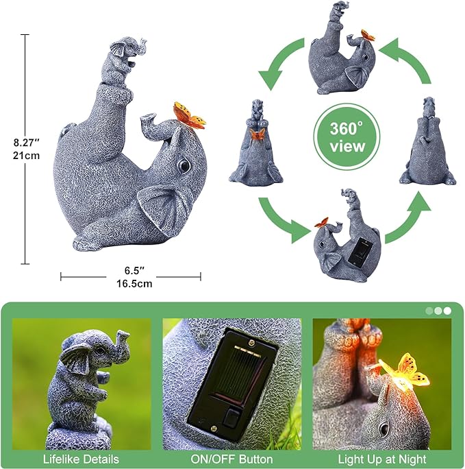 Mommy & Baby Elephant Garden Statue with Solar Butterfly Lights - Perfect Elephant Decor & Ornament for Women, Housewarming Gifts and as Garden Decorations-VerdiqueGarden