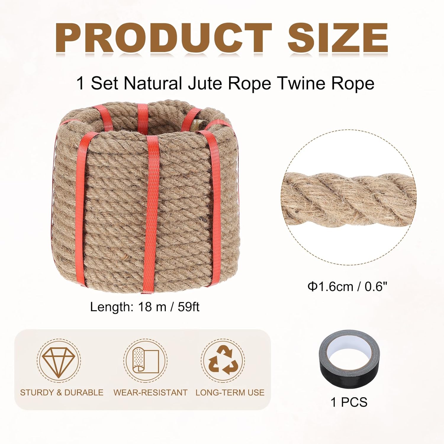 MECCANIXITY Jute Rope 0.6 Inch x 59ft, Thick Twine Rope Ropes Braided Jute Twine Natural Brown Burlap Cord String Heavy Twisted with Tape for Decorative Crafts Railing Swing Tug of War-VerdiqueGarden