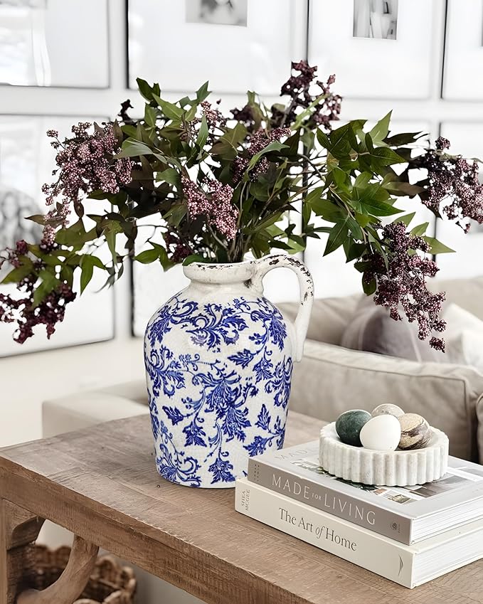 Ceramic Rustic Farmhouse Vase, 9 inch Ceramic Blue and White Vase for Centerpieces Pampas Grass Pottery Jug with Handle Boho Chinoiserie Decor Vintage Vases for Living Room Kitchen Dinner Table Shelf-VerdiqueGarden