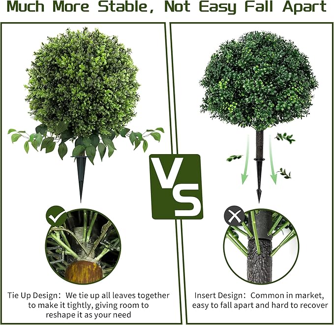 28" Artificial Boxwood Ball Bush, UV Resistant Topiary Tree Faux Boxwood Ball Shaped Porch Bushes with Ground Spike Artificial Bushes for Outdoors Front Door Decor Home Garden-VerdiqueGarden