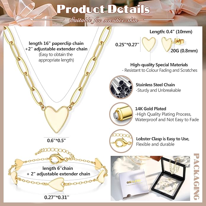 ORAZIO Jewelry Set for Women,Hypoallergenic 14K Gold Plated Pink/Black/Blue/White Heart Jewelry Set Trendy Heart Pendant Necklace Heart Charm Bracelet Cute Heart Earring Studs Dainty Women's Jewelry Sets Gift