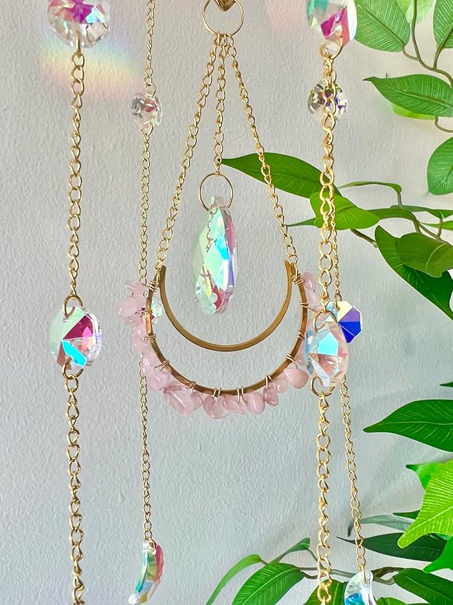 Crystal Suncatcher Rose Quartz, Spiritual, Sun Catcher Hanging for Windows, Rainbow Maker, Crystal Indoor Garden Home Decor, Natural Gemstone Boho Decor (Rose Quartz)-VerdiqueGarden