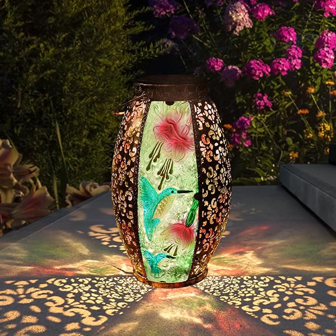 Solar Lanterns Outdoor Hanging Light - Solar Powered Hummingbird Glass LED Lights Decorative Waterproof Tabletop Lamp with Hollowed-Out Design for Indoor Yard Table Patio Garden Pathway Holiday-VerdiqueGarden