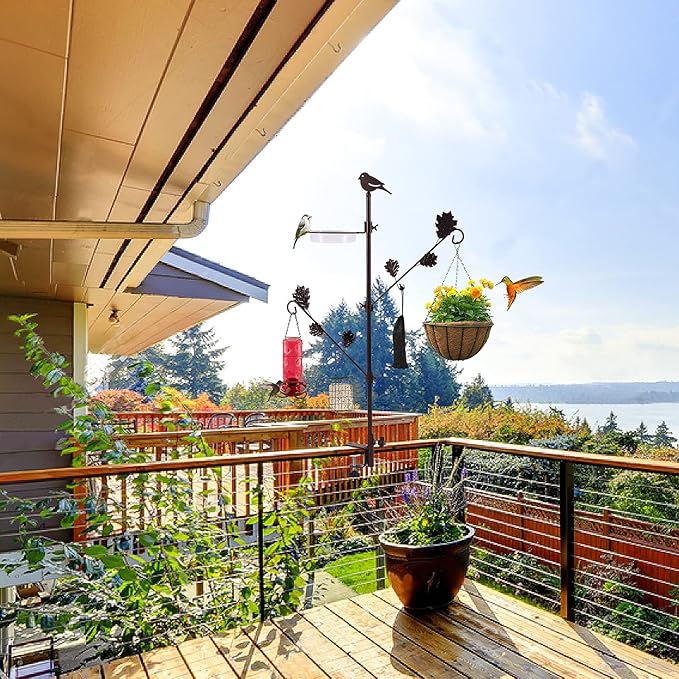 Urban Deco Deck Pole Porch Multi-Hook Bird Feeder Hooks for Deck Kit with Feeder Polyester and with 2 Adjustable Branches and Plastic Water Bowl-VerdiqueGarden