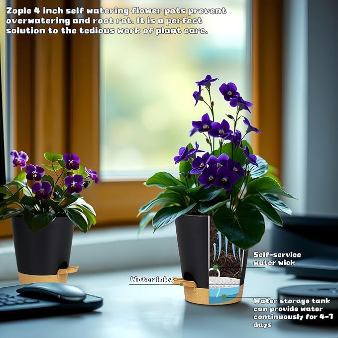 12 Pack 4 Inch Self Watering Plant Pots with Drainage and Saucers，Plastic Flower Pots for Indoor and Outdoor Plants, Nursery Planters for Houseplants and Herbs Black Brown, 4 inch 12pcs-VerdiqueGarden