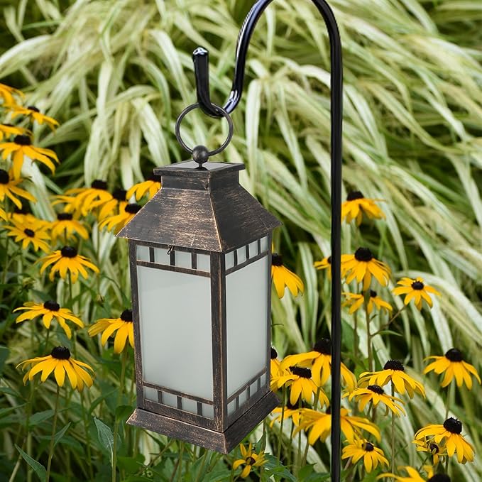 18'' Glass Solar Lantern Outdoor Waterproof, Large Hanging Solar Lanterns with Flickering Flame Lights, Metal Outdoor Lantern Decorative for Patio Garden Backyard Tabletop, Vintage Bronze-VerdiqueGarden