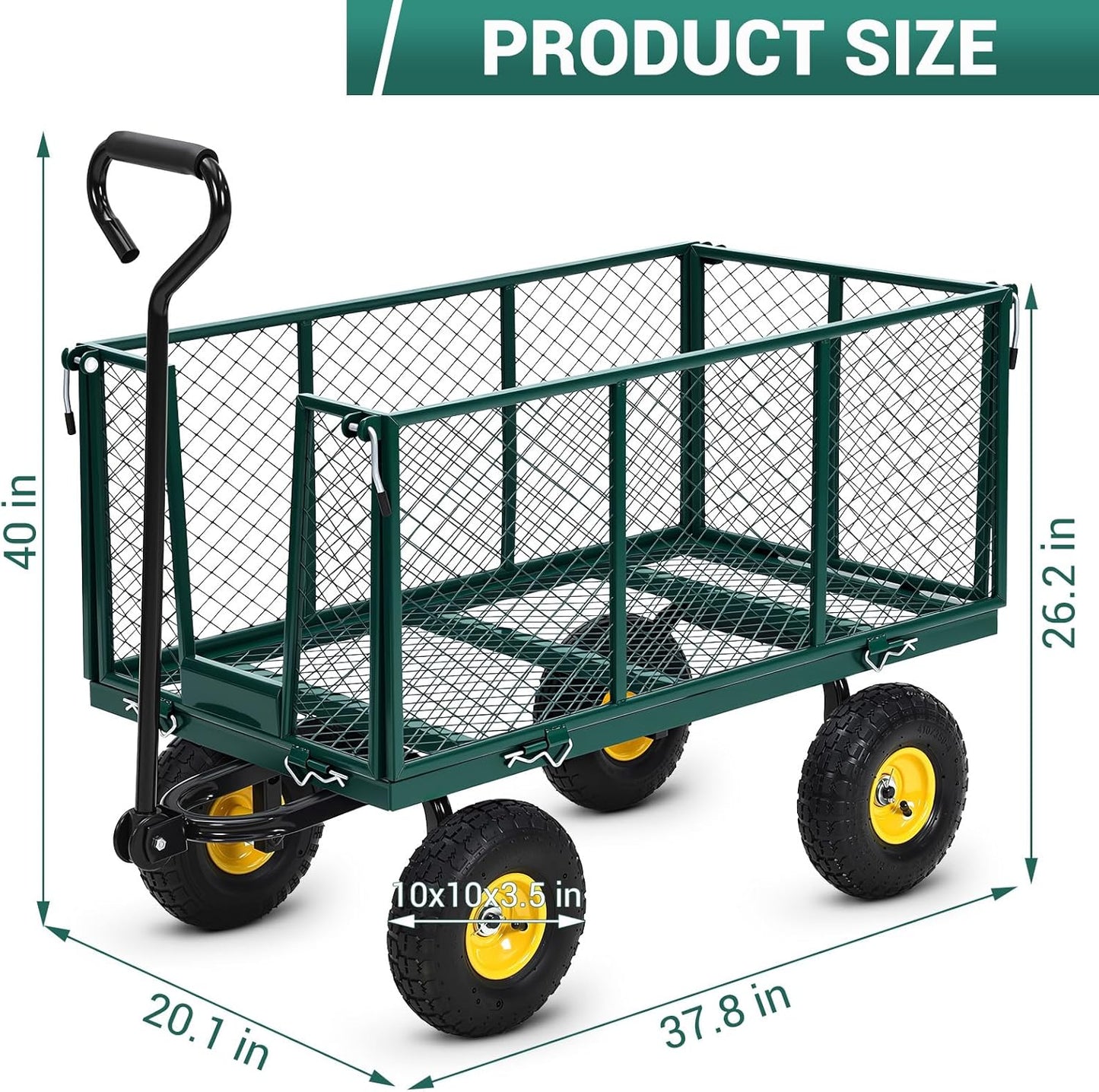 Heavy Duty Steel Garden Cart, 1100LBS Pullable Metal Garden Wagon with 10" Wheels, 180° Rotating Handle and Removable Sides for Outdoor, Farm, Yard, Beach ﻿-VerdiqueGarden