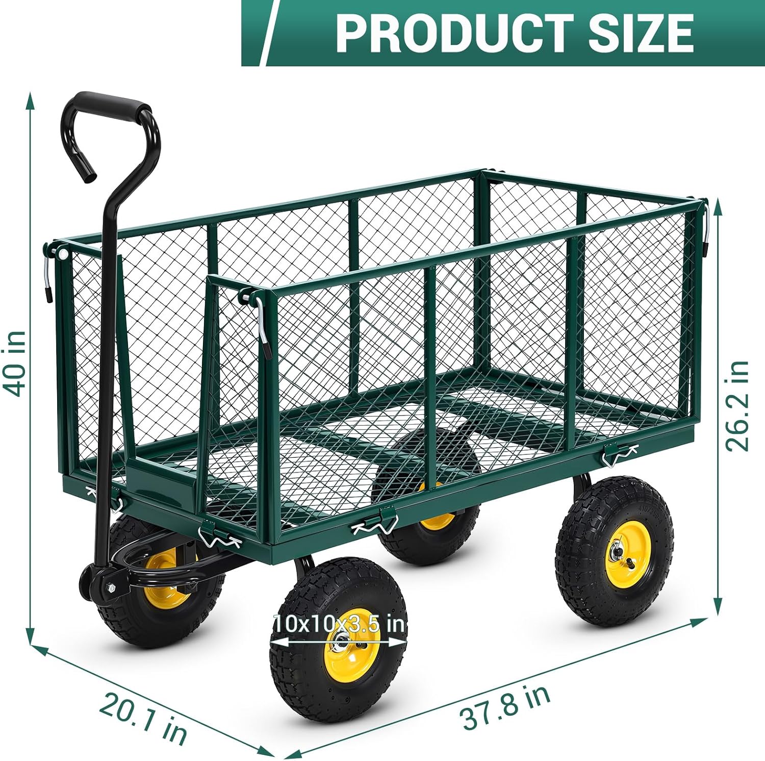 Heavy Duty Steel Garden Cart, 1100LBS Pullable Metal Garden Wagon with 10" Wheels, 180° Rotating Handle and Removable Sides for Outdoor, Farm, Yard, Beach ﻿-VerdiqueGarden