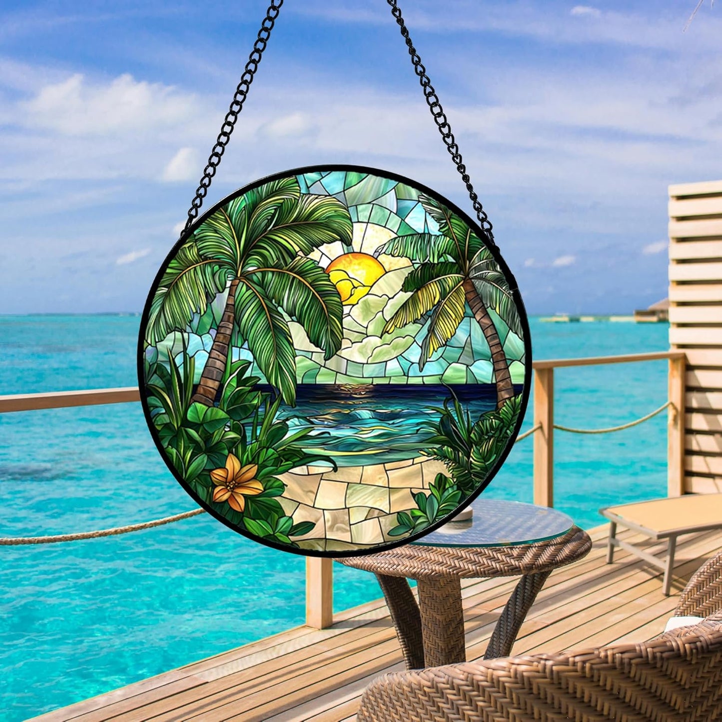 Stained Glass Window Hanging, Green Beach Scenery Suncatcher Diamond Glass Panel Hangings Sun Catchers Decor for Birthday for Women, Men, Wife, Aunt, and Mom 14.9x14.9 in-VerdiqueGarden