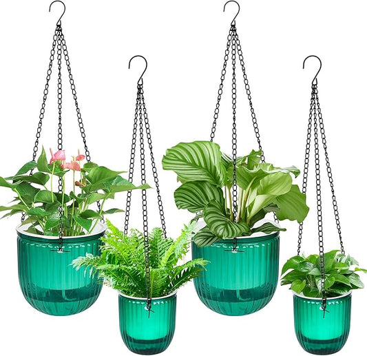 4Pcs Self Watering Hanging Planters, 6.5'' 4.5'' Hanging Flower Pots, Plastic Hanging Plant Basket with Drainage Holes, Visible Hanging Planters for Indoor Plants Garden Home(Emerald)-VerdiqueGarden