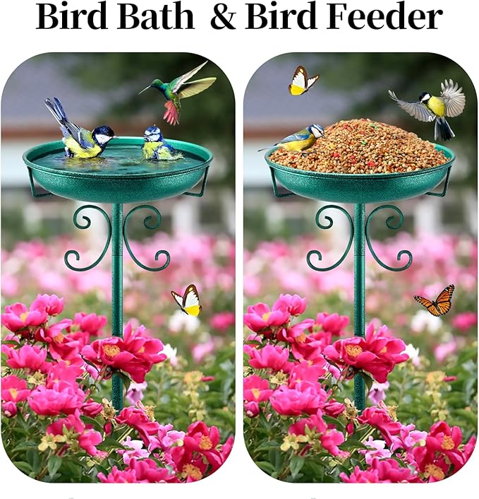 Daoeny 35In Metal Bird Bath for Outside, Vintage Freestanding Birdbaths & Birdfeeder, Bird Baths Feeder Bowl for Outdoors Garden Patio Yard Lawn Decor, Upgraded 5-Pronged Base (Green)-VerdiqueGarden