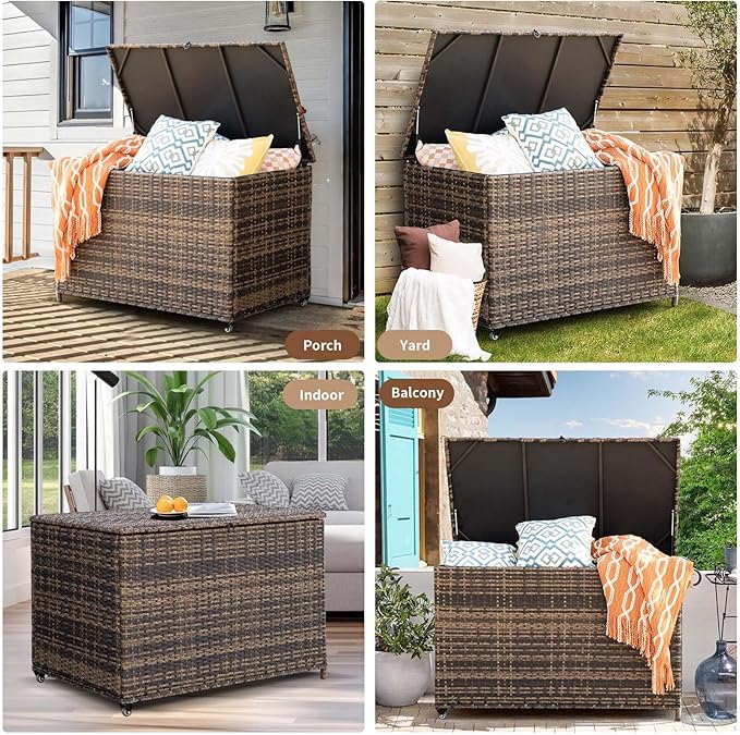 178 Gallon Outdoor Storage Box, Handle Large Portable Wicker Rattan Deck Box for Patio Furniture Cushions, Patio Deck Box with 2 WheelsThrow Pillows, Garden Tools and Pool Floats (Brown)-VerdiqueGarden
