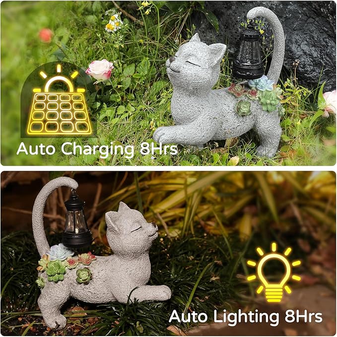 Solar Garden Outdoor Statues Cat with Succulent Solar Lantern, Lawn Decor Kitten Figurine for Patio Balcony Yard, Yard Unique Christmas Birthdays Gift for Mom Grandma-VerdiqueGarden