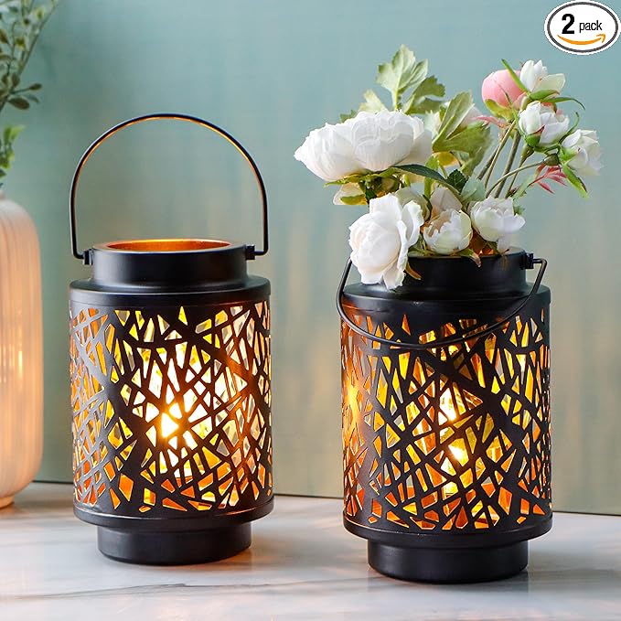 JHY DESIGN Set of 2 LED Battery Operated Table Lamp 8“H Cordless Lamp Light with 6-Hours Timer Metal Black Battery Lamp for Patio Garden Indoor Outdoor Party Events(Hollow Branch)-VerdiqueGarden