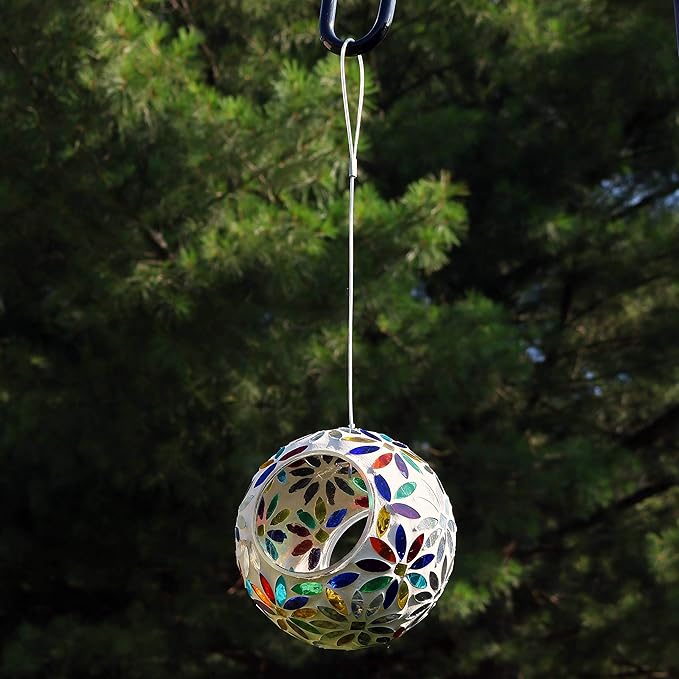 Sunnydaze 6-Inch Glass Mosaic Hanging Bird Feeder for Outdoors - Fly-Through Wild Bird Feeder - Rainbow Daisies-VerdiqueGarden