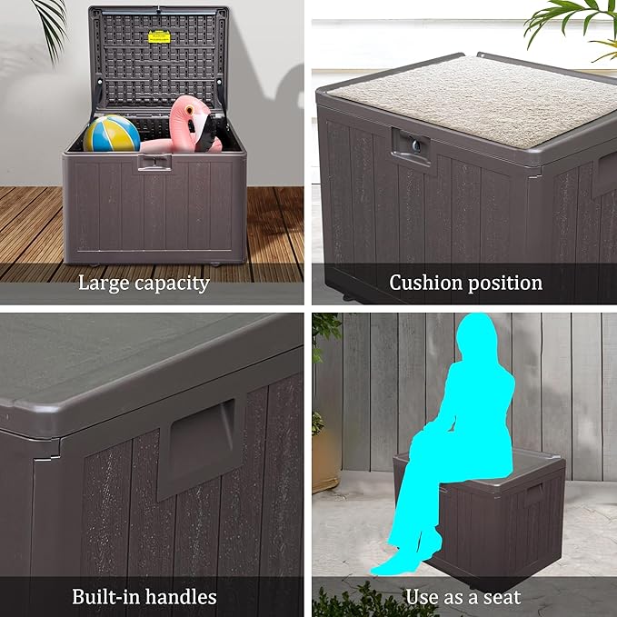 Premium Pro Edition 35 Gallon Lockable Resin Deck Box, Waterproof & UV-Resistant Outdoor Storage Box for Outdoor Storage, Garden Tools & Pool Accessories Storage, Brown-VerdiqueGarden