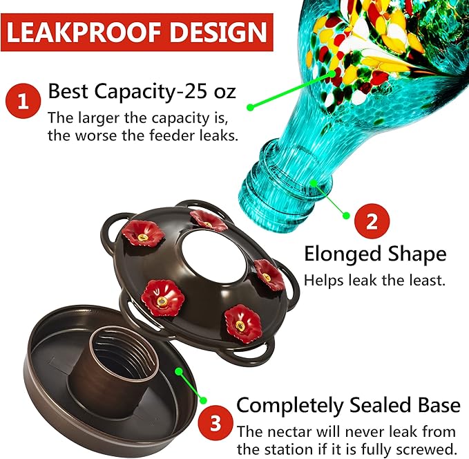 LUJII Hummingbird Feeder for Outdoors, Hand Blown Glass Humming Bird Feeder, Anti Fade Leakproof with 25 Ounces Nectar Capacity, Easy to Install Clean Refill, Include Hook & Ant Moat (Teal)-VerdiqueGarden