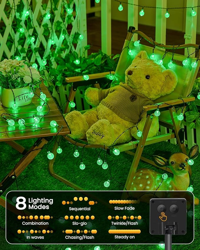 Brightown Solar String Lights Outdoor 60 Led 35.6 Feet Crystal Globe Lights with 8 Lighting Modes, Waterproof Solar Powered Patio Lights for Garden Yard Porch Wedding Party Decor (Green)-VerdiqueGarden