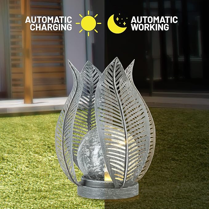 Solar Lights Outdoor Waterproof Garden Decor Crackle Glass Globe,Metal Yard Art Solar Outdoor Lights for Table Decor Porch,Patio Decorations.Gardening Gifts for Women/Mom-VerdiqueGarden