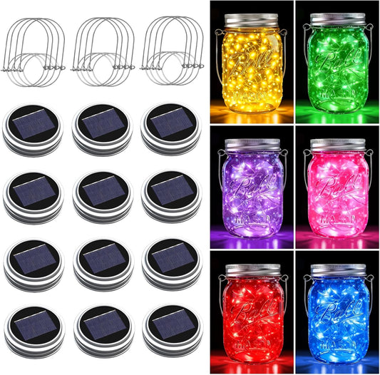 ZNYCYE Mason Jar Solar Lights for Outside, 12 Pack 30LED Fairy Firefly Lights Mason Jar Solar Lids Outdoor Waterproof String Lights with Hangers(NO Jars) for Patio Garden Yard Lawn Decor(6 Colors)-VerdiqueGarden