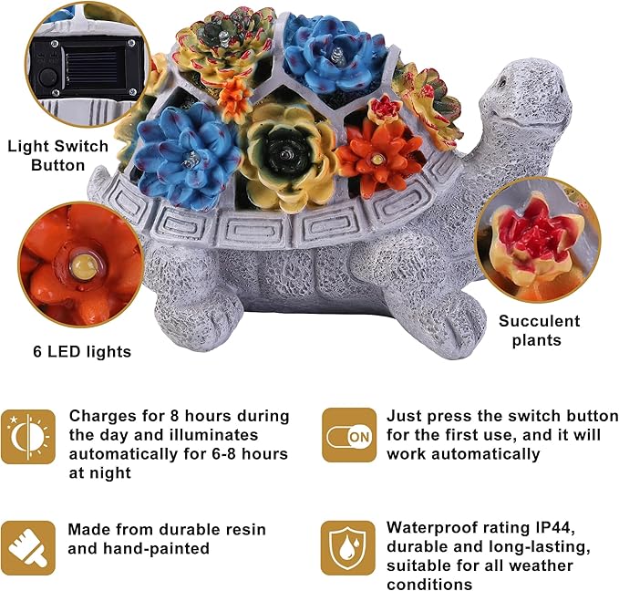 Solar Garden Statues Turtle with Succulent and 6 LED Lights, 9.1" L x 5.7" W x 6.7" H Outdoor Solar Decor, Turtle Garden Figurines for Lawn, Balcony, Yard Decoration, Gifts for Mom Wife-VerdiqueGarden
